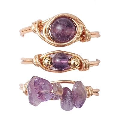 3Pcs 3 Styles Natural Rose Quartz & Amethyst & Green Aventurine Finger Rings RJEW-JR00745-1