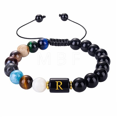 10MM Natural Black Obsidian Alphabet Beaded Braided Bracelets TO2319-18-1