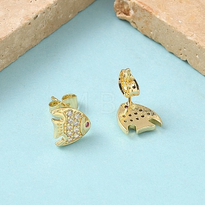 Fish Brass Micro Pave Clear Cubic Zirconia Stud Earrings EJEW-Z144-23G-1