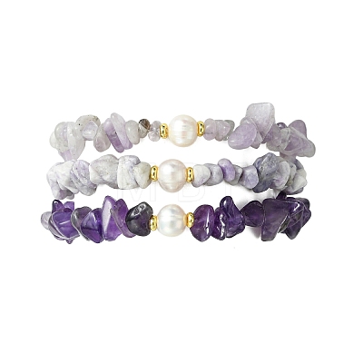 3Pcs 3 Styles Natural Mixed Gemstone Chip & Cultured Freshwater Pearl Beaded Stretch Bracelets Set for Women BJEW-JB13762-03-1