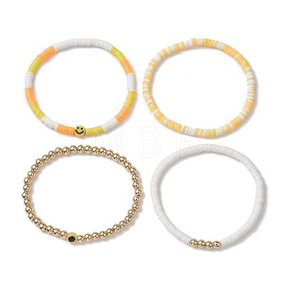 4Pcs Evil Eye & Smiling Face Polymer Clay & Plastic Beaded Stretch Bracelet Sets BJEW-JB10226-1