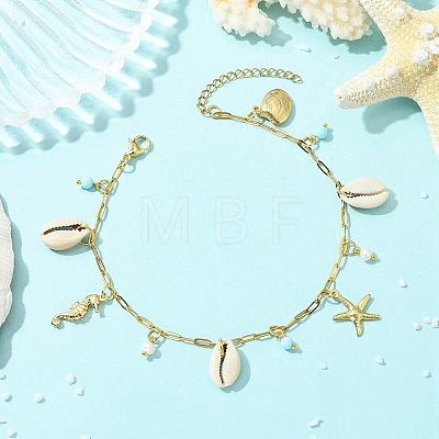 Ocean Natural Cowrie Shell & 304 Stainless Steel Starfish & Dyed Round Natural Howlite Charm Anklets for Women AJEW-AN00819-1