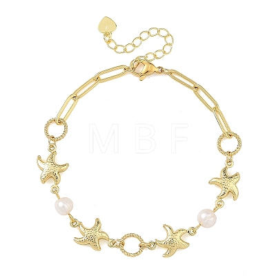 Ocean 304 Stainless Steel Starfish Link Chain Bracelets with Natuarl Pearl for Women BJEW-JB14332-1
