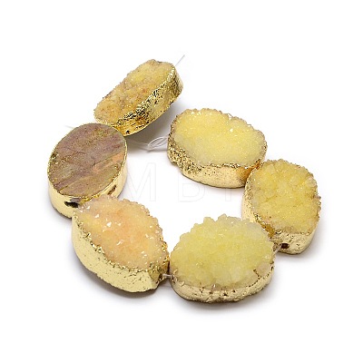 Golden Plated Dyed Oval Natural Druzy Quartz Crystal Beads Strands G-F144-03-1