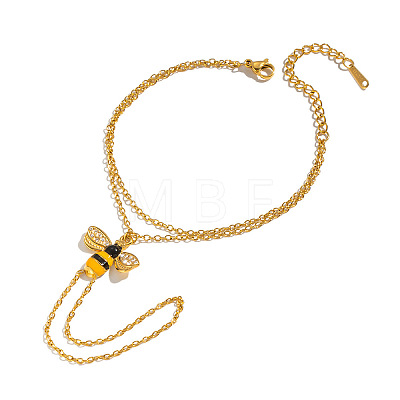 304 Stainless Steel Enamel Yellow Bee Double Layer Hand Chain Ring Bracelets for Women PB5833-1