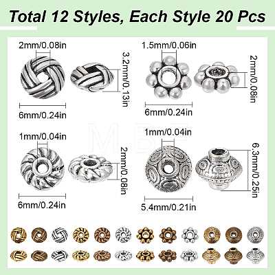 SUNNYCLUE 240Pcs 12 Styles Tibetan Style Alloy Spacer Beads TIBEB-SC0001-29-1