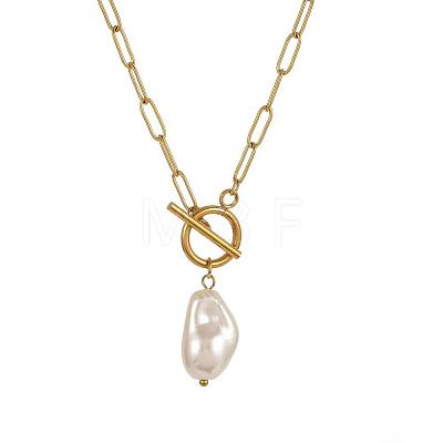 Imitation Pearl Nuggets Pendant Stainless Steel Paperclip Chain OT Necklaces for Women QA2492-1