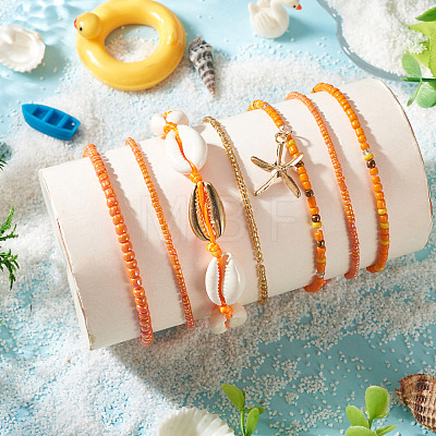 2 Bags Summer Beach Glass Seed Beaded & Natural Shell & Alloy Starfish Charm Anklet Sets AJEW-TA0003-69C-1