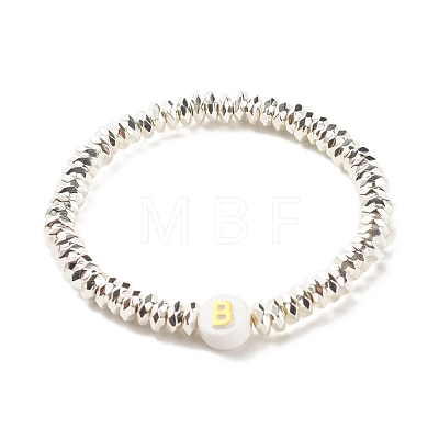 Synthetic Hematite Stretch Bracelet with Initial Letter Acrylic Beads BJEW-JB07960-1