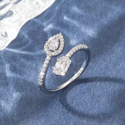 Brass Micro Pave Cubic Zirconia Teardrop & Rectangle Cuff Open Rings for Women WG82DA3-02-1