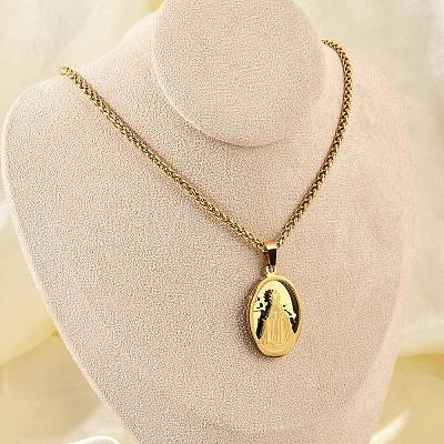 304 Stainless Steel Virgin Mary Pendant Wheat Chain Necklaces for Men NJEW-S387-09G-03-1