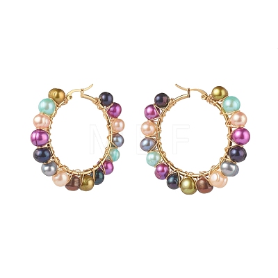 Natural Pearl Beads Hoop Earrings with 304 Stainless Steel Pin EJEW-JE04567-1