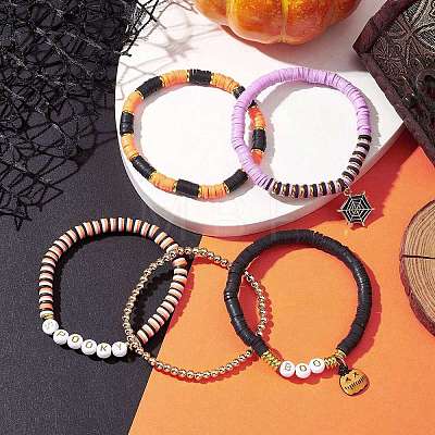 5Pcs Halloween Handmade Polymer Clay & Acrylic Beaded Stretch Bracelets Kit BJEW-TA00480-1