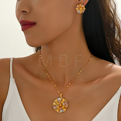 Vintage Brass Flower Stud Earrings & Pendant Necklaces Sets for Women NK5083-1