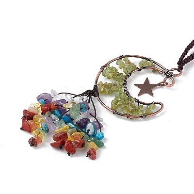 Natural Peridot Moon with Mixed Gemstone Chips Tassel Pendant Decorations G-L524-07R-A09-1