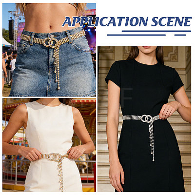 2Pcs 2 Colors Brass & Iron Full Crystal Rhinestone Chain Belts with Double Rings Buckles AJEW-FG0006-30B-1