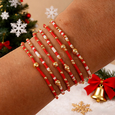 6Pcs Handmade Glass Seed Bead & Brass Beads Stretch Bracelets XZ6120-1-1