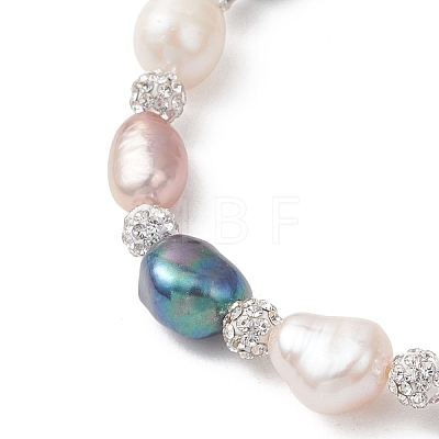 Polymer Clay Rhinestone & Natural Cultured Freshwater Pearl Beads Stretch Bracelets for Women BJEW-JB13192-1