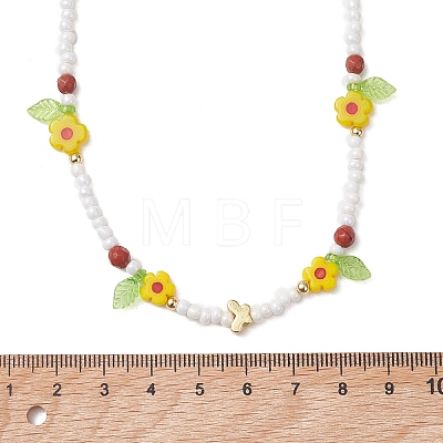 Faceted Round Natural Red Jasper & Flower Handmade Millefiori Glass & Glass Seed Beaded Necklaces for Women NJEW-MZ00150-01-1