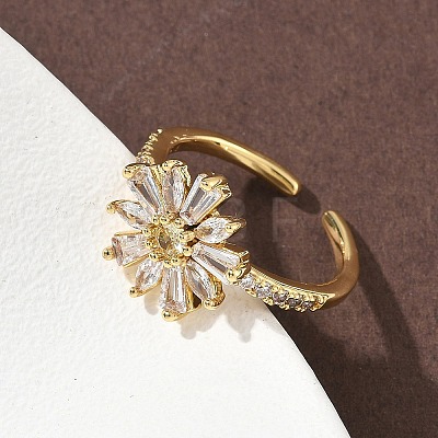 Flower Brass Micro Pave Cubic Zirconia Cuff Rings for Women RJEW-A069-01A-G-1