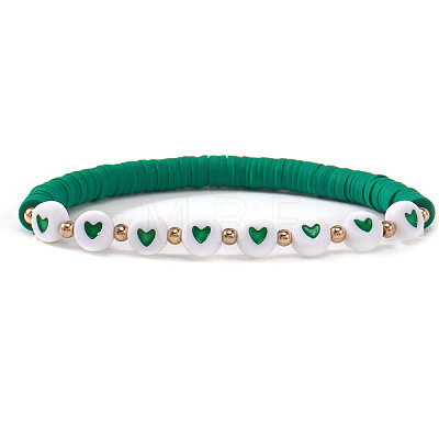 Flat Round with Heart Brass & Polymer Clay Heishi Beads Stretch Bracelets for Women BK9964-26-1