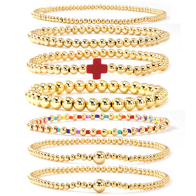 7Pcs Brass Round Beaded Bracelets for Women SB9067-2-1