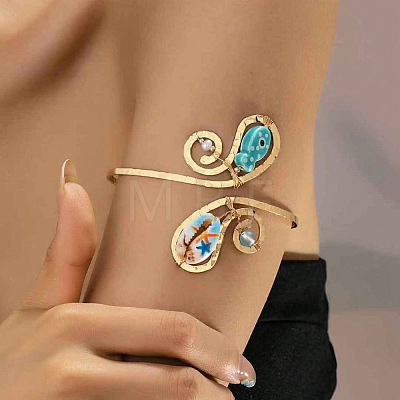 Bohemian Ocean Alloy & Resin & Plastic Pearl Fish Spiral Cuff Arm Bangles for Women WGA2359-02-1
