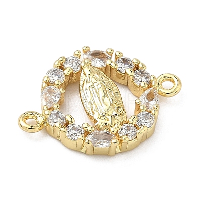 Brass Pave Clear Cubic Zirconia Religion Flat Round with Virgin Mary Links Connector Charms KK-A282-07A-G-1