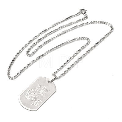 304 Stainless Steel Curb Chain Rectangle with Dragon Pendant Necklaces for Women NJEW-M008-03P-1