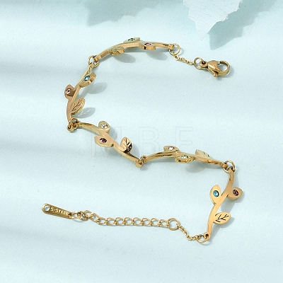 304 Stainless Steel Colorful Rhinestone Leaf Link Chain Bracelets SA-CBAF6AD-12G-1