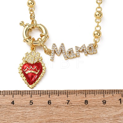 Mother's Day Brass Micro Pave Clear Cubic Zirconia Enamel Red Sacred Heart Mama Pendant Necklaces for Women NJEW-A071-12D-G-1