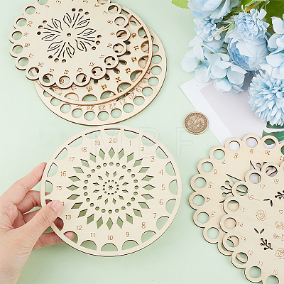 GOMAKERER 6Pcs 6 Styles Flat Round/Flower Wood Sewing Cross Stitch Embroidery Thread Storage Organizers AJEW-GO0001-68-1