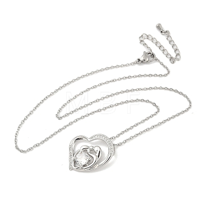 Mother's Day Brass Micro Pave Clear Cubic Zirconia Mother and Baby Heart Pendant Necklaces for Women LS-NJEW-C085-01B-P-1