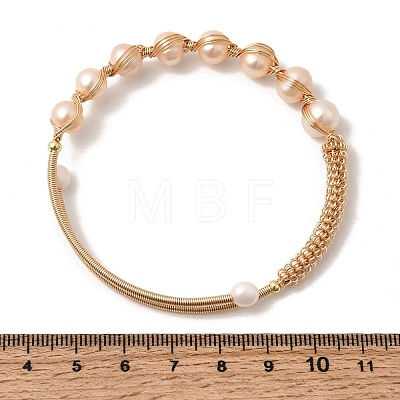 Brass Wire Wrapped Natural  Pearl Cuff Bangles for Women BJEW-D453-05G-1