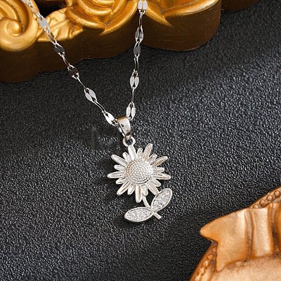 Brass Micro Pave Clear Cubic Zirconia Sunflower Pendant 201 Stainless Steel Dapped Chain Necklaces for Women WG35C99-02-1