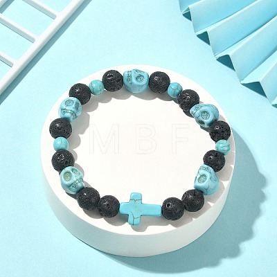 Dyed Natural & Synthetic Mixed Gemstone Skull & Cross Beaded Stretch Bracelets BJEW-TA00272-02-1