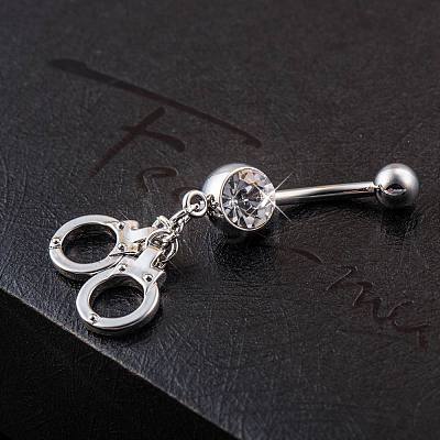 Piercing Jewelry Real Platinum Plated Brass Rhinestone Handcuffs Navel Ring Belly Rings AJEW-EE0001-36-1
