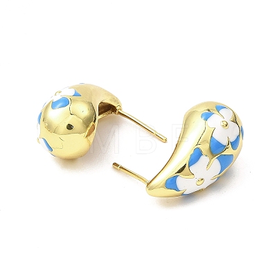 Teardrop with Flower Real 18K Gold Plated Brass Enamel Stud Earrings EJEW-L270-013G-02-1