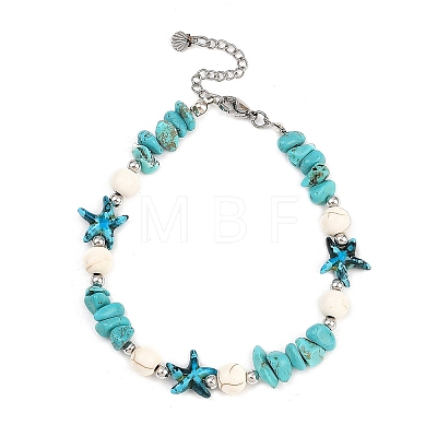 5Pcs 5 Styles Dyed Synthetic Turquoise Starfish & Natural White Moonstone & Lapis Lazuli & Flower Amazonite & Rose Quartz Chip Beaded Anklets with 304 Stainless Steel End Chains AJEW-AN00733-1