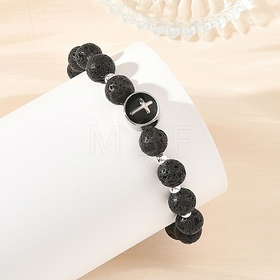 Natural Lava Rock Round Beaded Stretch Bracelets with 304 Stainless Steel Cross Tree of Life for Women BJEW-JB14251-1