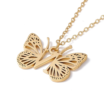Initial Letter with Butterfly Pendant Necklace NJEW-C026-01G-N-1