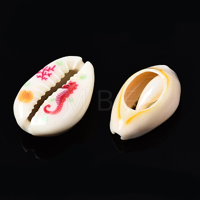 Printed Natural Cowrie Shell Beads SSHEL-N032-33-1