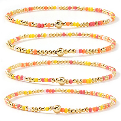 4Pcs Bohemian Glass Seed Bead & Brass Beads Stretch Bracelets for Women DR1565-1-1