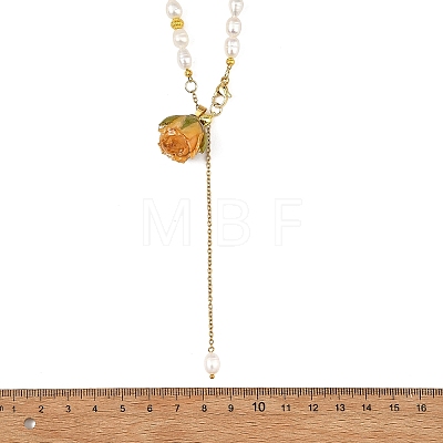 Brass Epoxy Resin Inner Dried Rose Flower Pendant Natural Pearl Beaded Lariat Necklaces NJEW-JN06674-1