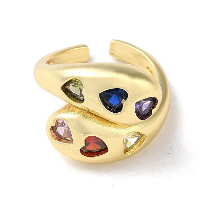 Rack Plating Brass with Colorful Cubic Zirconia Open Cuff Rings RJEW-M158-04G-1