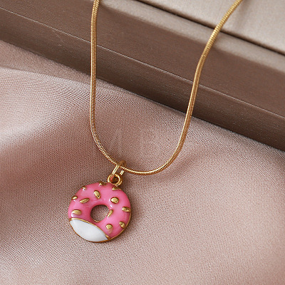 Vintage Style Stainless Steel Enamel Pink Dessert Donut Pendant Necklaces for Women KI9226-1