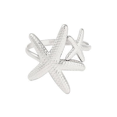 Non-Tarnish 304 Stainless Steel Starfish Open Cuff Rings for Women RJEW-S418-03P-1