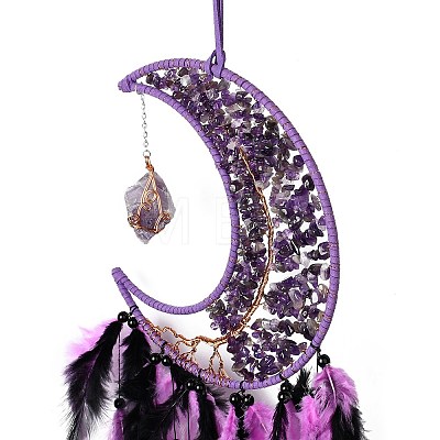 Natural Amethyst Chips Beaded Moon with Feather Pendant Decorations HJEW-M004-05-1