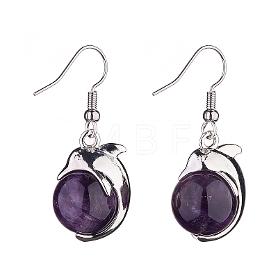 Natural Amethyst Dolphin Dangle Earrings with Crystal Rhinestone EJEW-A092-20P-16-1