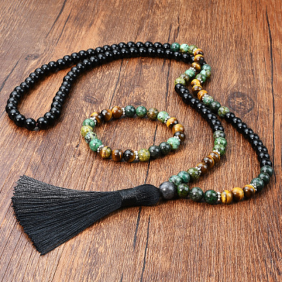 Glass & African Turquoise(Jasper) & Tiger Eye Round Rosaries Beaded Tassel Pendant Necklaces & Bracelets Sets FS-WGB975F-03-1